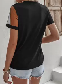 SHEIN LUNE Mesh Panel Pearls Beaded Tee - Black - View 2