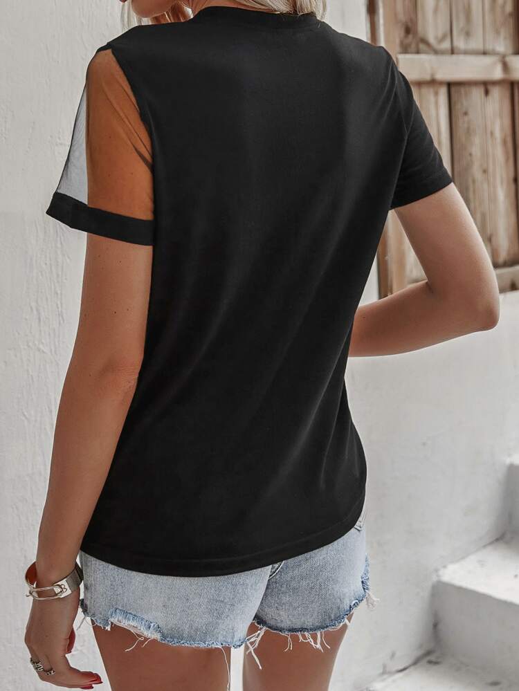 Mesh Panel Pearls Beaded Tee