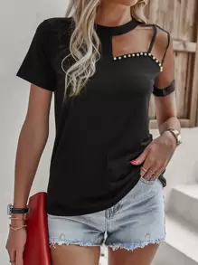 SHEIN LUNE Mesh Panel Pearls Beaded Tee - Black - View 3