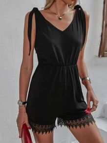 Contrast Guipure Lace Tie Shoulder Romper