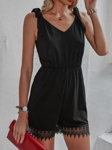 Contrast Guipure Lace Tie Shoulder Romper