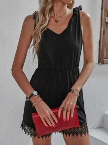 Contrast Guipure Lace Tie Shoulder Romper