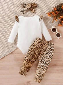 嬰兒女孩豹紋荷葉邊連體褲＆長褲＆口罩套裝 - 彩色 - 查看 2