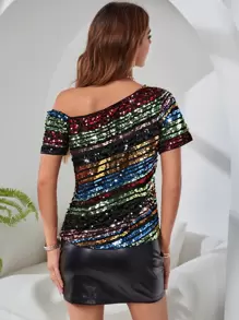 SHEIN Privé 不對稱領亮片襯衫 - 彩色 - 查看 2