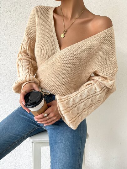 Surplice Neck Drop Shoulder Cable Knit Sweater