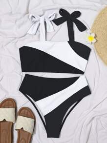 Bộ đồ bơi bikini 2 mảnh buộc vai phối màu mùa hè & quần cạp cao - Đen và trắng - Xem 4