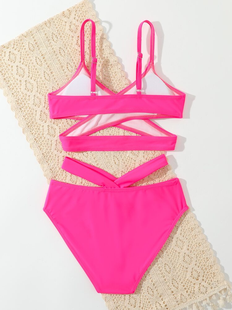 Tween Girl 纯色交叉比基尼套装 夏日海滩 - 玫紅色 - 查看 2