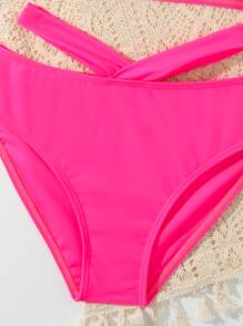 Tween Girl 纯色交叉比基尼套装 夏日海滩 - 玫紅色 - 查看 3