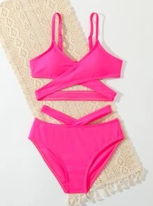 Tween Girl 纯色交叉比基尼套装 夏日海滩 - 玫紅色 - 查看 4