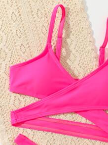 Tween Girl 纯色交叉比基尼套装 夏日海滩 - 玫紅色 - 查看 5