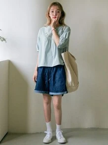 DAZY Blusa Bordada De Flores Con Hombros Caídos - Celeste - Ver 6