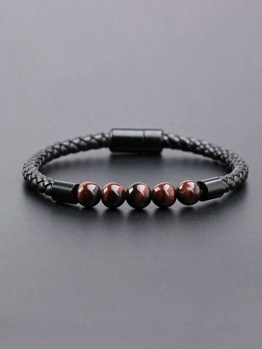 Fashionable and Popular Men Bead Decor Bracelet PU for Jewelry Gift and for a Stylish Look - Hitam - View 1