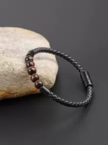 Fashionable and Popular Men Bead Decor Bracelet PU for Jewelry Gift and for a Stylish Look - Hitam - View 2
