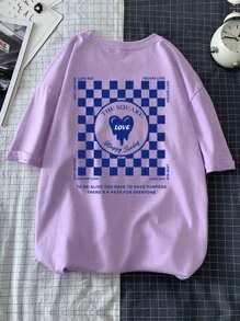 Manfinity Hypemode Hombres Camiseta con estampado de cuadros y de slogan - Lila Púrpura - Ver 1