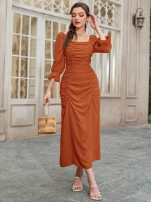 Modelyn 圓點荷葉袖褶邊木耳邊連衣裙 - 亮橙色 - 查看 1