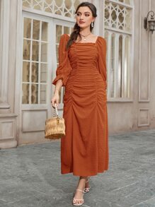Modelyn 圓點荷葉袖褶邊木耳邊連衣裙 - 亮橙色 - 查看 4