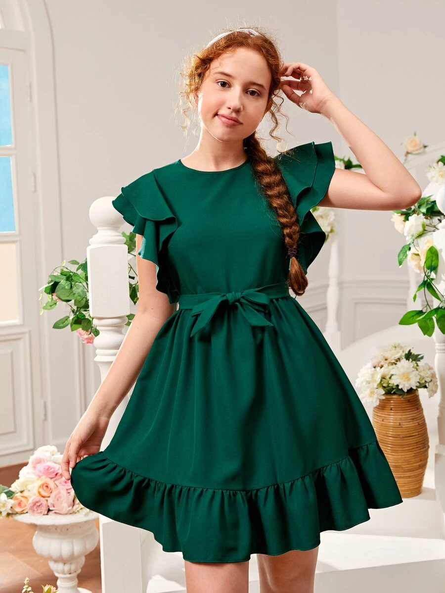 SHEIN 青少年女孩蝴蝶袖荷葉邊繫腰帶洋裝