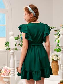 SHEIN 青少年女孩蝴蝶袖荷葉邊繫腰帶洋裝