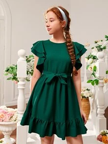 SHEIN 青少年女孩蝴蝶袖荷葉邊繫腰帶洋裝