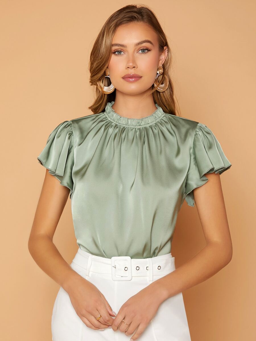 SHEIN Privé Frill Trim Keyhole Back Blouse - Mint Green - View 1