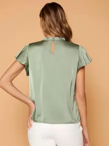 SHEIN Privé Frill Trim Keyhole Back Blouse - Mint Green - View 2