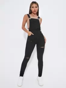 Ripped Denim Dungarees Without Top - Black - View 1