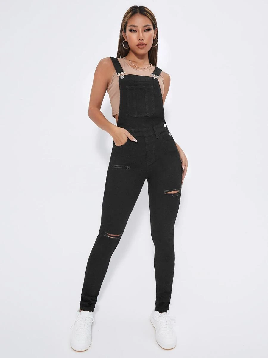 Ripped Denim Dungarees Without Top - Black - View 1