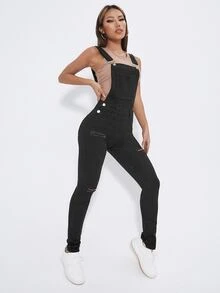 Ripped Denim Dungarees Without Top - Black - View 3