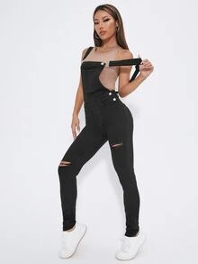 Ripped Denim Dungarees Without Top - Black - View 5