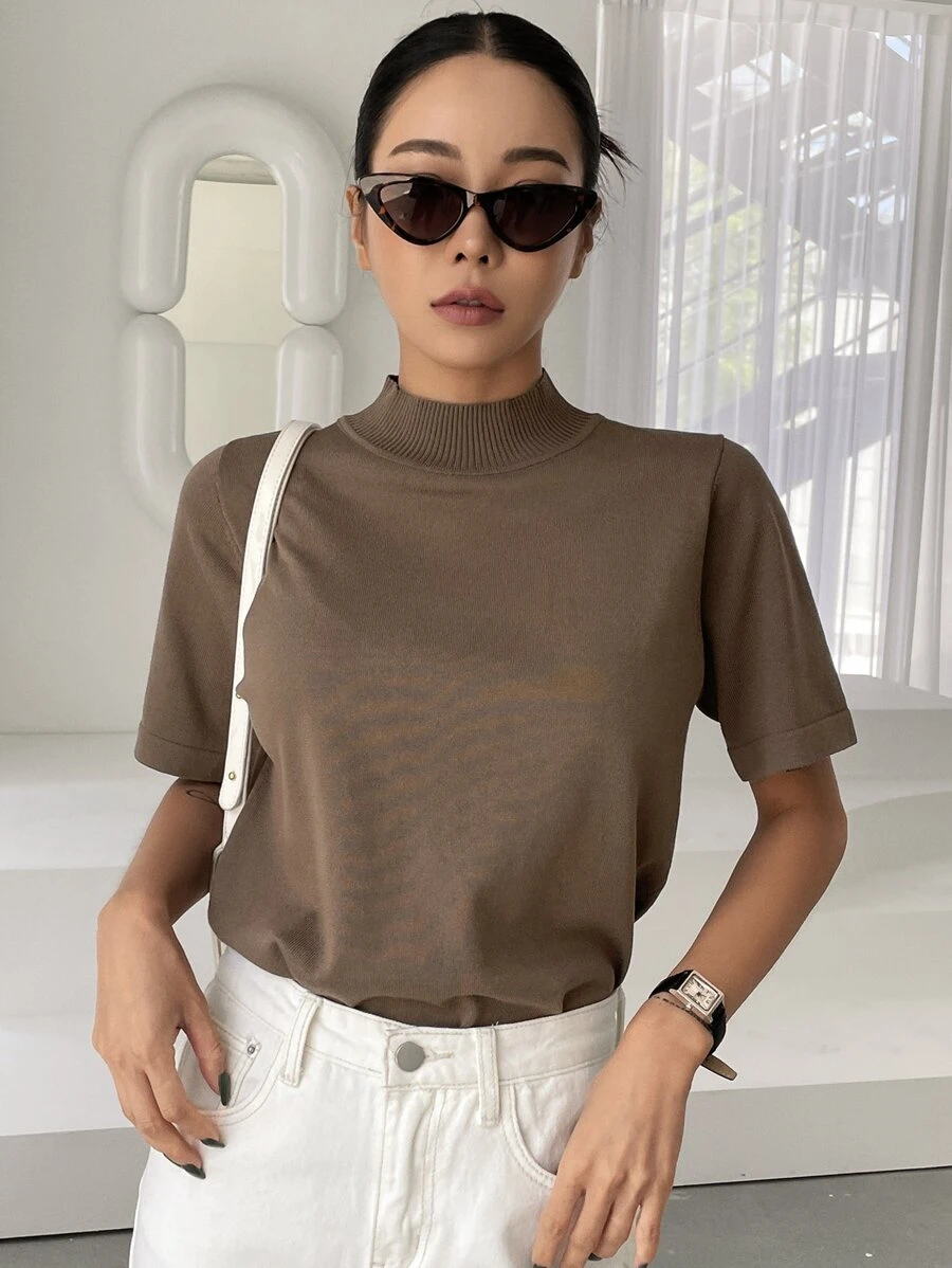 DAZY Mock Neck Knit Top,Fall Clothes,Back To School Clothes - Mocha Brown - View 1