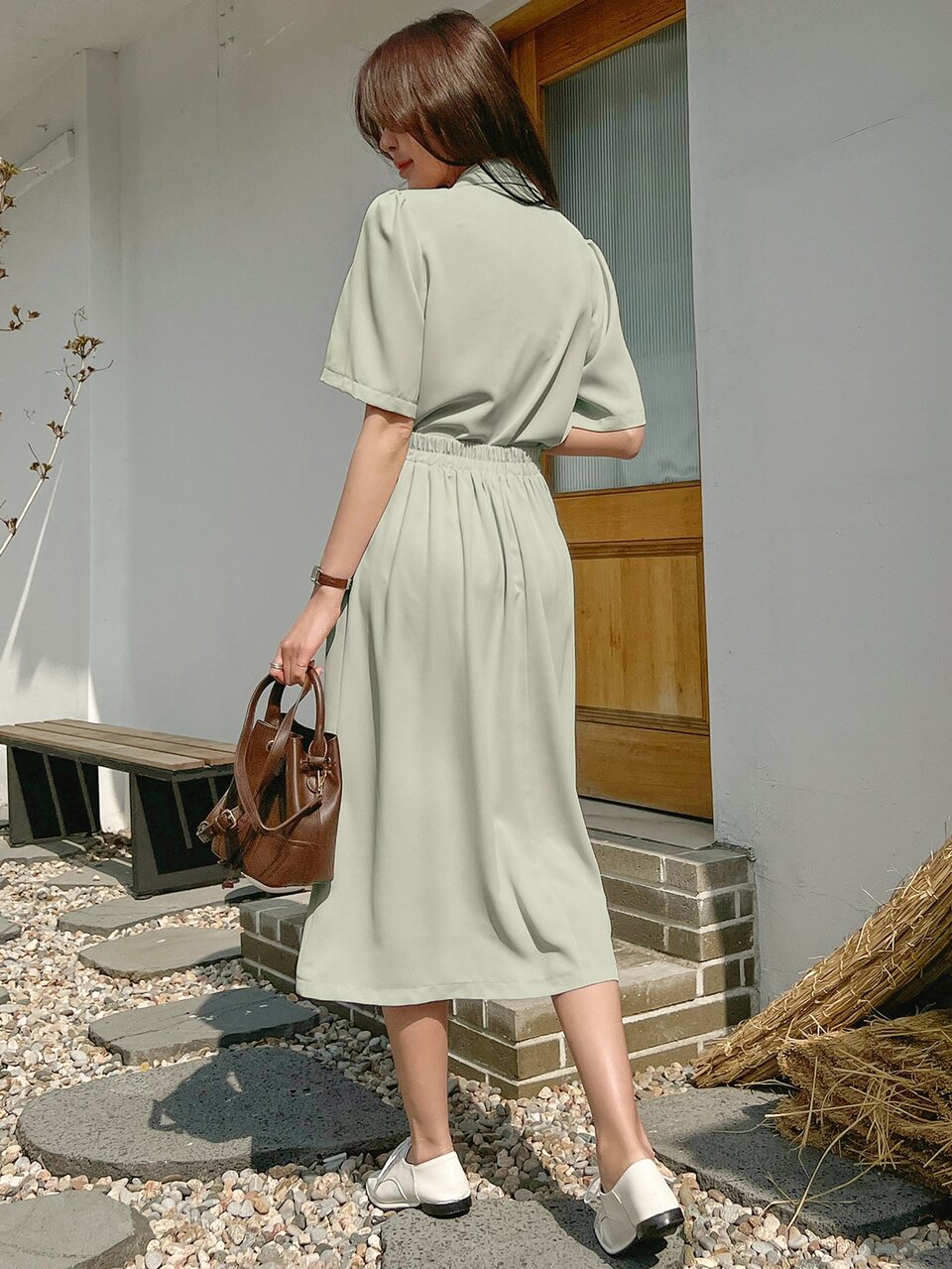 Puff Sleeve Lapel Neck Blouse & Skirt,Women Two Pieces Sets