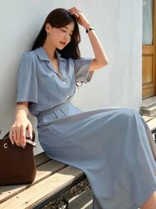 DAZY 蓬蓬袖襯衫領口短裙套裝