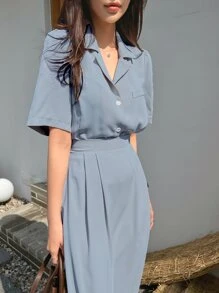 DAZY 蓬蓬袖襯衫領口短裙套裝