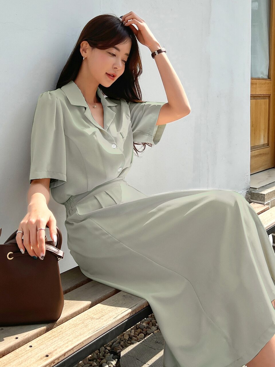 Puff Sleeve Lapel Neck Blouse & Skirt,Women Two Pieces Sets