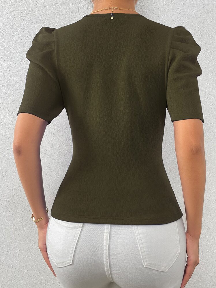 Chiquease 交疊領泡泡袖T恤 - 軍綠色 - 查看 2
