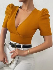 SHEIN SXY Surplice Neck Puff Sleeve Tee - Mustard Yellow - View 1