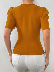 SHEIN SXY Surplice Neck Puff Sleeve Tee - Mustard Yellow - View 2