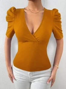 SHEIN SXY Surplice Neck Puff Sleeve Tee - Mustard Yellow - View 6