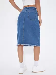 SHEIN EZwear Button Front Raw Cut Denim Skirt - Medium Wash - View 2