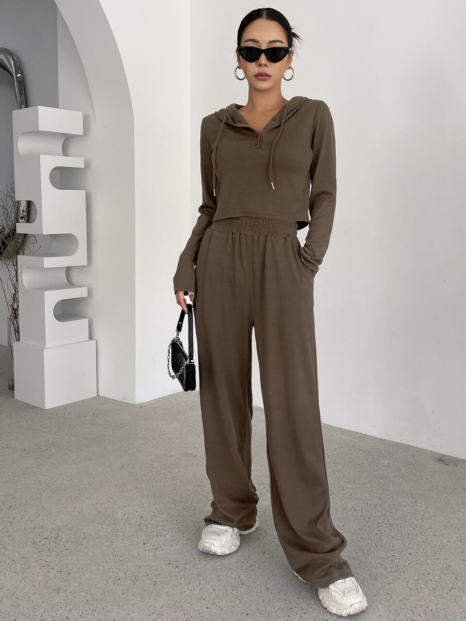 Half Button Drawstring Crop Hoodie & Sweatpants