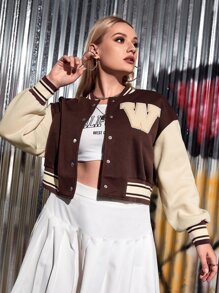 SHEIN EZwear 大碼字母補丁細節雙色落肩袖學院風夾克 - 巧克力棕 - 查看 1
