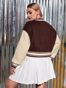 SHEIN EZwear 大碼字母補丁細節雙色落肩袖學院風夾克 - 巧克力棕 - 查看 2