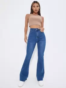 SHEIN EZwear High Waist Patch Detail Raw Cut Flare Leg Jeans - Medium Wash - View 6