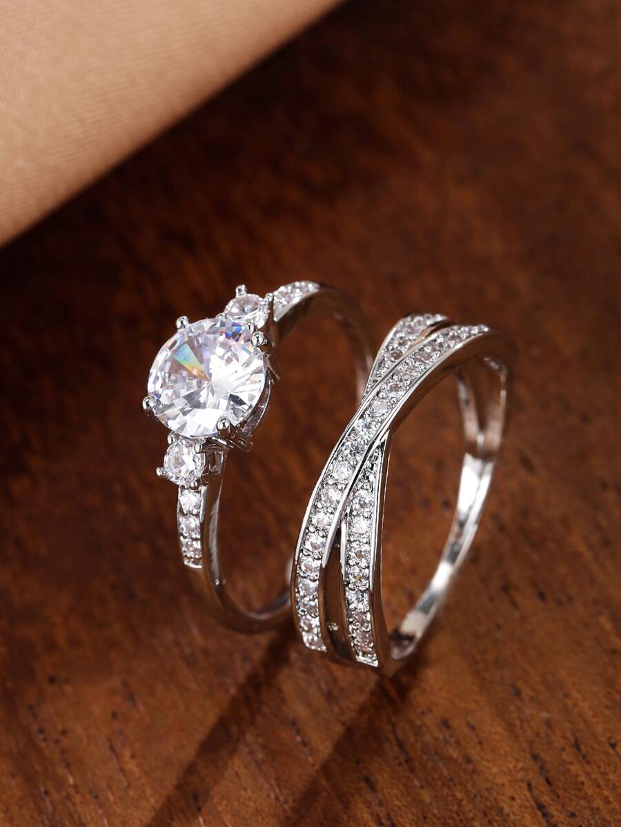 2 piezas Anillo zirconia cúbica - Plateado - Ver 1