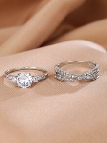 2 piezas Anillo zirconia cúbica - Plateado - Ver 2