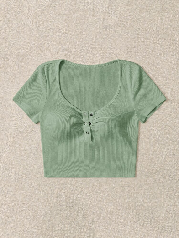SHEIN EZwear Press Button Half Placket Tee - Mint Green - View 3