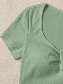 SHEIN EZwear Press Button Half Placket Tee - Mint Green - View 4
