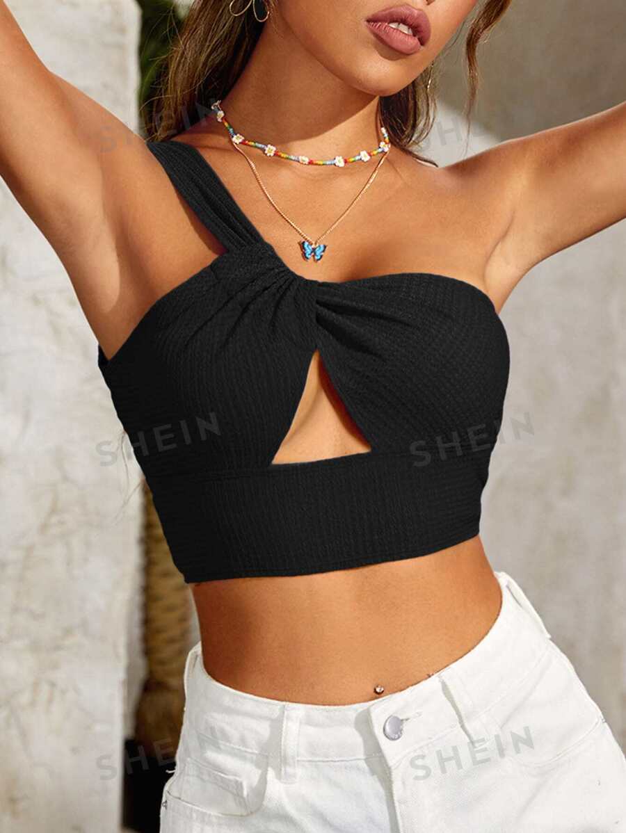 SHEIN BAE Top corto con abertura de un hombro fruncido - Negro - Ver 1