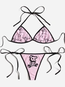 ROMWE Kawaii Cartoon Bear Graphic Contrast Binding Halter Tie Side Lingerie Set - Pink - View 5