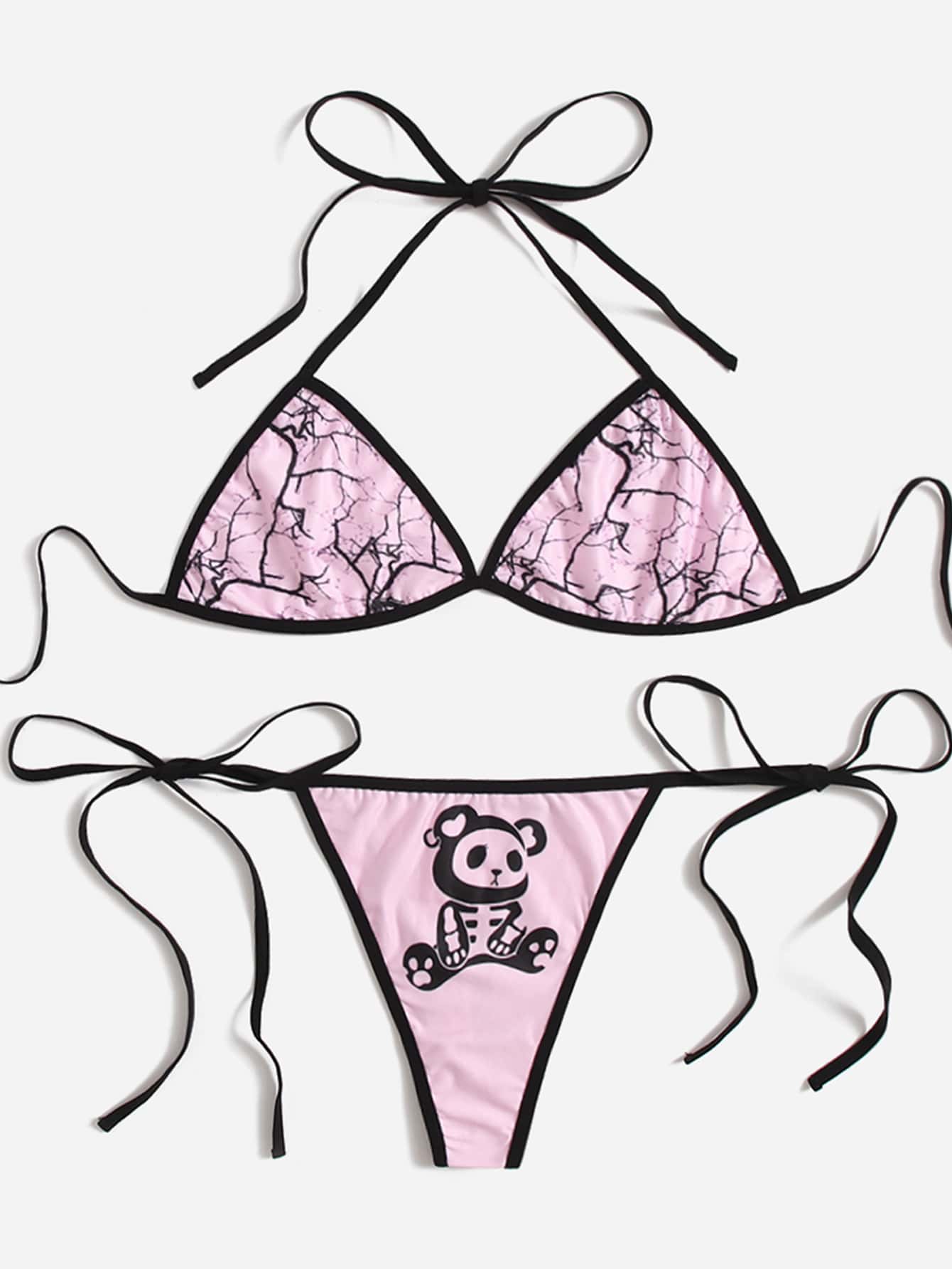 ROMWE Kawaii Set de lencería con estampado de oso de dibujos animados unido en contraste halter con cordón lateral - Rosa - Añade 5